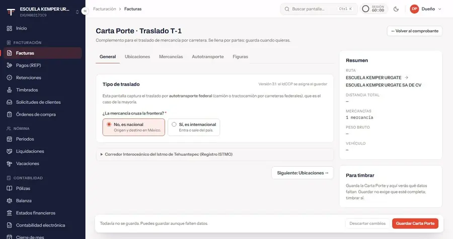 Pantalla de Tributalia para llenar una Carta Porte por pasos